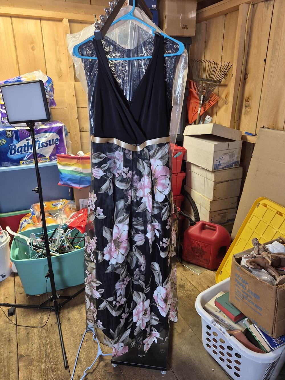 Black Floral V-Neck Maxi Dress with Pink Blooms Bin 68